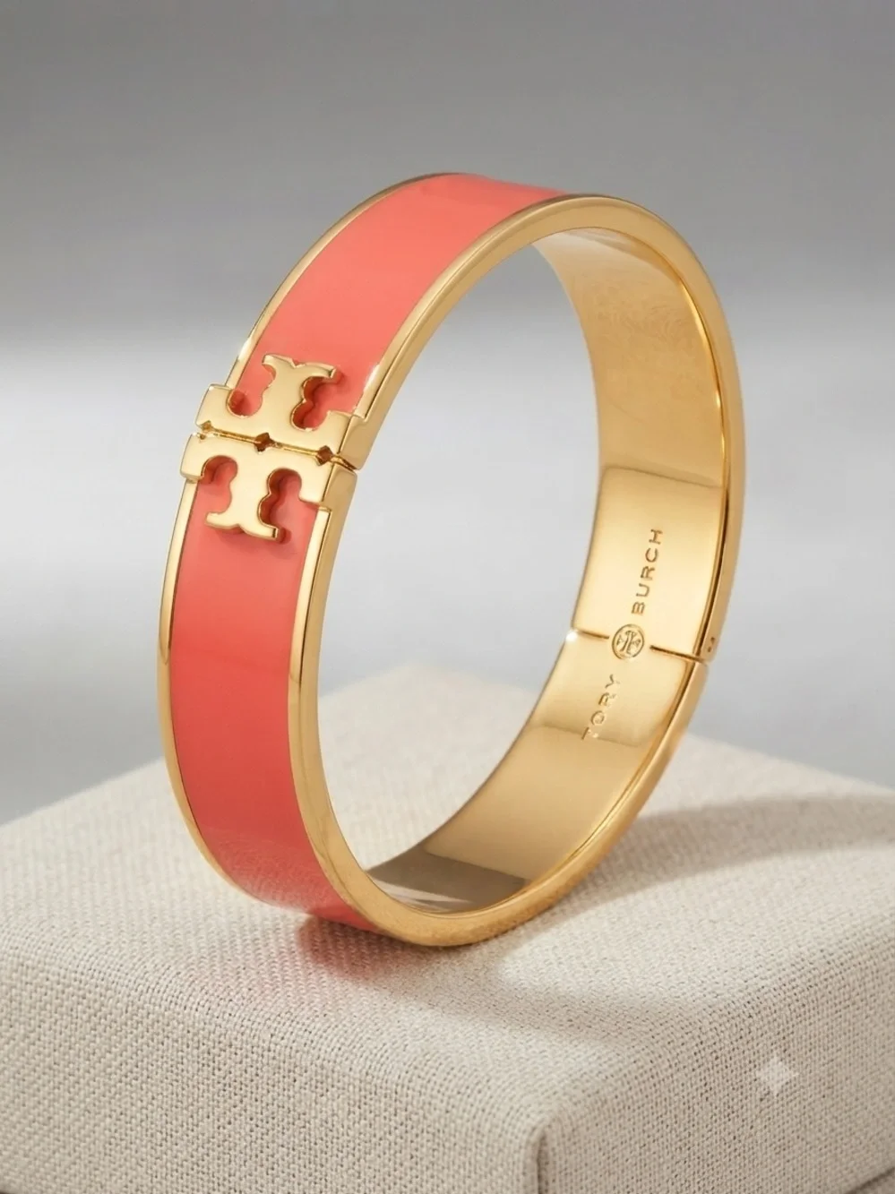 Tory Burch Coral Enamel Gold-Tone Logo Hinge Bracelet